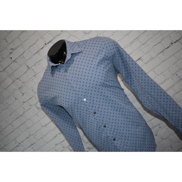 Express Shirt Men Size Large Stretch Slim Fit Blue Geometric Dress Nylon Spandex - Picture 3 of 7